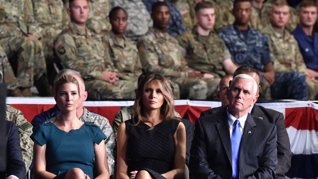 Ivanka Trump, US First Lady Melania Trump and US Vice President Mike Pence listen to Donald Trump’s address to the nation at Joint Base Myer-Henderson Hall in Arlington.