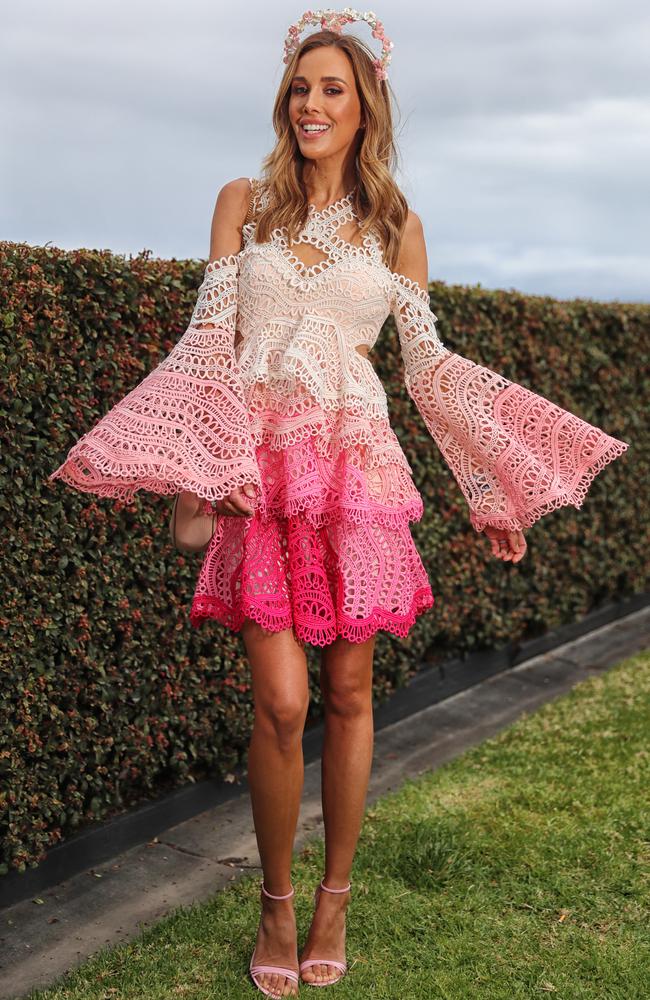 Model and TV presenter Rebecca Judd trackside at Cauflield Cup Day. Picture: Alex Coppel.