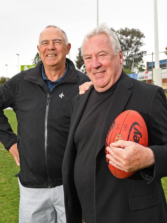 Glenelg’s Fred Phillis (right) and Peter Carey reminisce at the Bay oval last week. Picture: Tom Huntley