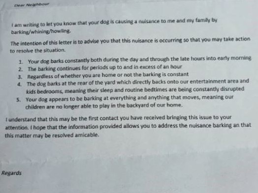 In 2019, another woman who received a note about her dog’s barking was also left furious by a note she had received. Picture: Supplied