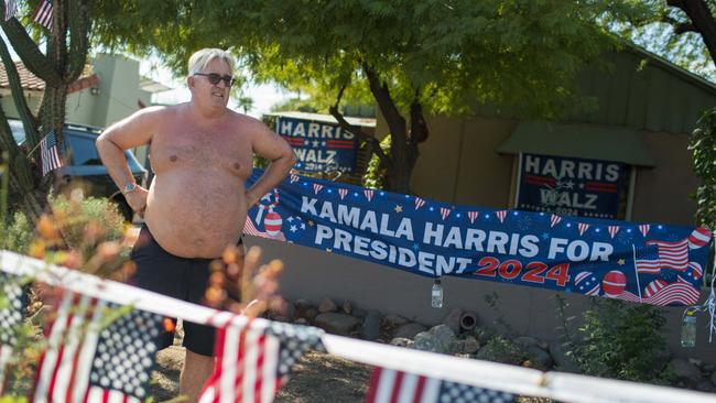 Dwayne Stone makes his political leanings clear in his front yard. Picture: Caitlin O'Hara