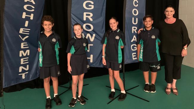 Bribie Island State School School captains: Alexander Histrov, Georgia Collier, Kezia Willis, Jasiah Parata- Timaloa, and Ms Simone Kay, Deputy Principal