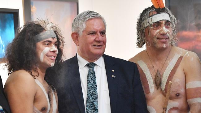 Minister for Indigenous Australians Ken Wyatt (centre) poses for a photo with Kaurna Country performers at the meeting of the Joint Council on Closing the Gap at Tandanya National Aboriginal Cultural Institute in Adelaide in 2019. Picture: File