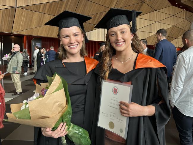 Grace King and Annabelle Kidd graduate with a Bachelor of Occupational Therapy from the Australian Catholic University on April 17, 2024. Picture: Brittany Busch