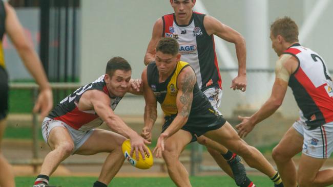 Billy Rolfe (L) and Phillip Wills in Round 12 NTFL: Nightcliff Tigers v Southern Districts Crocodiles at TIO Stadium.Picture GLENN CAMPBELL