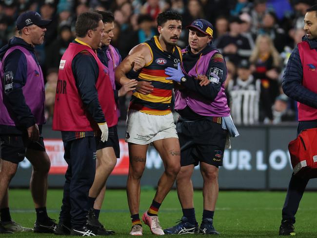 In a promising sign, Rankine was able to give Crows fans the thumbs up coming off the ground. Picture: James Elsby/AFL Photos