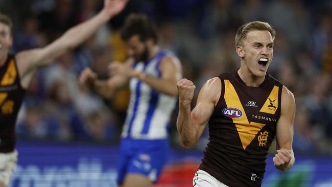 MELBOURNE , AUSTRALIA. April 20 , 2024.  AFL Round 6.  North Melbourne vs Hawthorn at Marvel Stadium.   Harry Morrison of the Hawks  during the 2nd qtr.    . Pic: Michael Klein