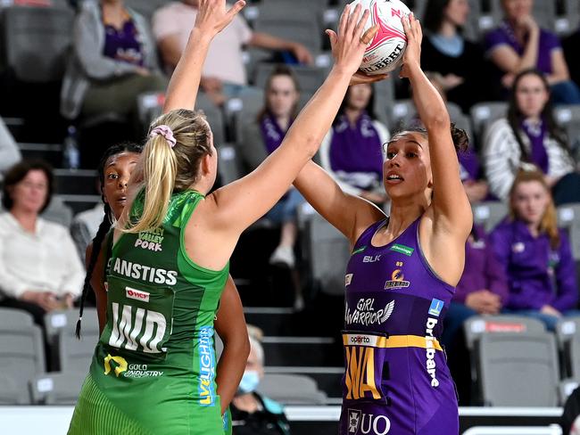 Jemma Mi Mi watched from the sidelines for the entirety of the Firebirds’ upset 64-58 win over minor premiers the Melbourne Vixens at the weekend.