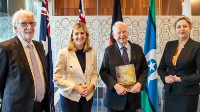 Retired Supreme Court judge Alan Wilson, Attorney-General Shannon Fentiman, Tony Fitzgerald and Premier Annastacia Palaszczuk. Picture: Supplied