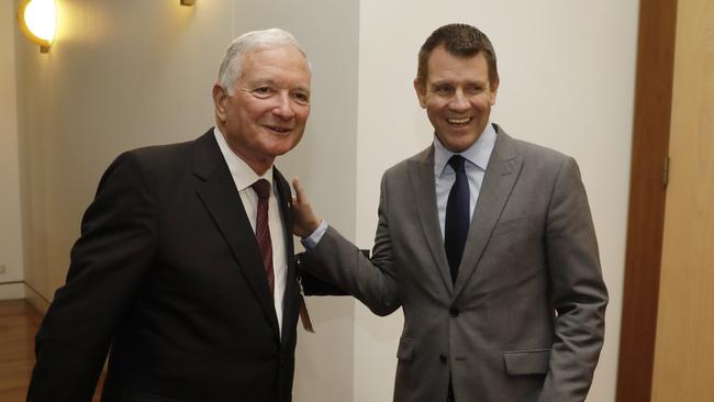 Former NSW Liberal premiers Nick Greiner and Mike Baird at Parliament House. Picture: Sean Davey