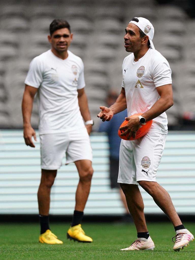 Charlie Cameron (left) and Eddie Betts train together at an AFL All-Stars session last year. Picture: AAP Image/Scott Barbour