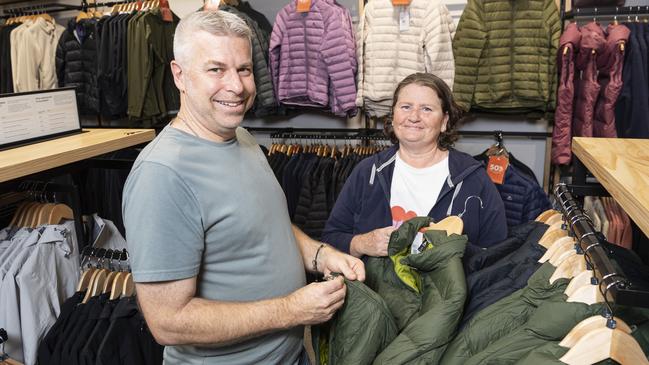 Sam and Kylie Peek browse Macpac as it opens in Grand Central, Saturday, May 25, 2024. Picture: Kevin Farmer