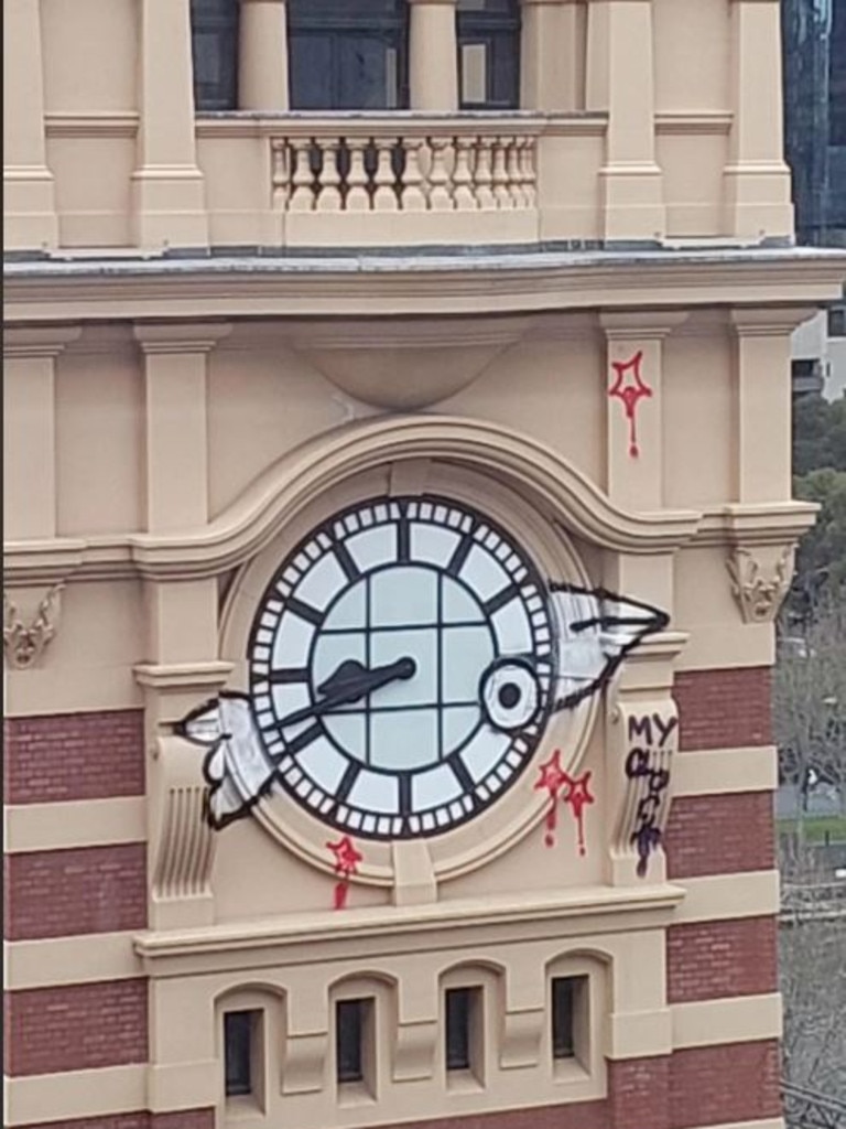 A Pam the Bird piece on the clock face at Melbourne’s Flinders Street station. Picture: Supplied.