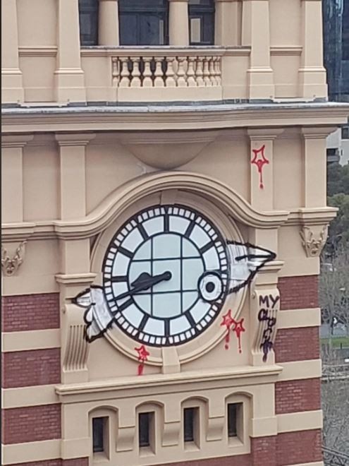 A Pam the Bird piece on the clock face at Melbourne’s Flinders Street station. Picture: Supplied.