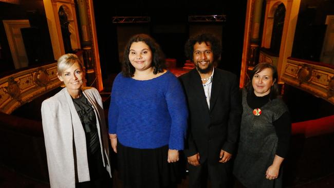 Former Minister for Arts Elise Archer with grant recipients Kartanya Maynard and Jordy Gregg, and Annette Downs, the former creative producer of Performing Lines Tas/Tasmania Performs. Pictured at Hobart’s Theatre Royal in 2018. Picture: Matt Thompson