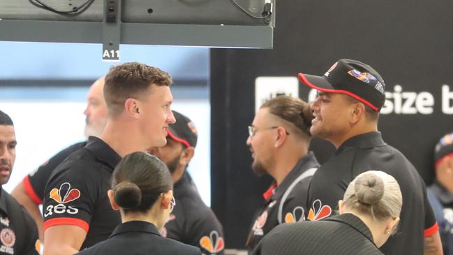 Latrell Mitchell and Jack Wighton at Sydney airport checking in before a flight only days after the pair were charged by police in Canberra. Picture John Grainger