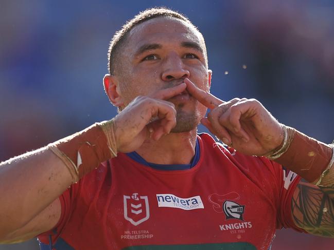 NEWCASTLE, AUSTRALIA - MAY 14: Tyson Frizell of the Knights celebrates scoring a try during the round 11 NRL match between Newcastle Knights and Gold Coast Titans at McDonald Jones Stadium on May 14, 2023 in Newcastle, Australia. (Photo by Mark Kolbe/Getty Images)