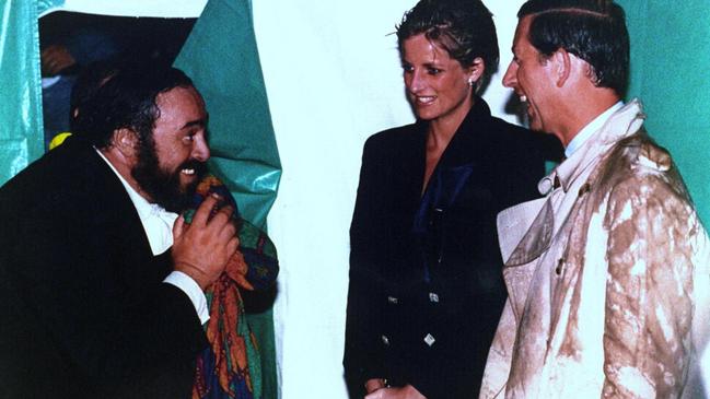 Pavarotti meeting Diana and Charles at his 1991 Hyde Park concert