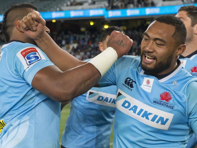 Curtis Rona and Sekope Kepu of the Waratahs after the Super Rugby quarter-final match between the NSW Waratahs and the Highlanders at Allianz Stadium in Sydney, Saturday, July 21, 2018. (AAP Image/Craig Golding) NO ARCHIVING, EDITORIAL USE ONLY