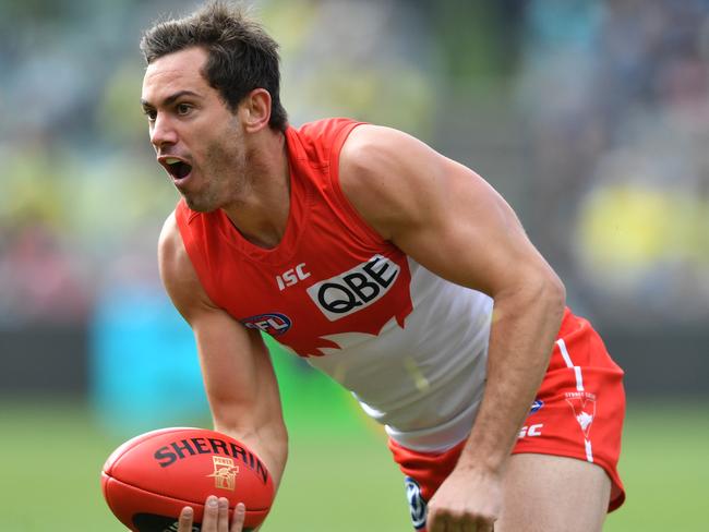 Daniel Menzel of the Swans handballs during the Round 21 AFL match between the Port Adelaide Power and the Sydney Swans at the Adelaide Oval in Adelaide, Saturday, August 10, 2019. (AAP Image/David Mariuz) NO ARCHIVING, EDITORIAL USE ONLY