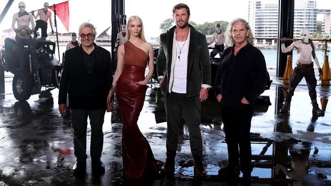 George Miller, Anya Taylor-Joy, Chris Hemsworth and Doug Mitchell in Sydney on Wednesday. Picture: Brendon Thorne/Getty Images