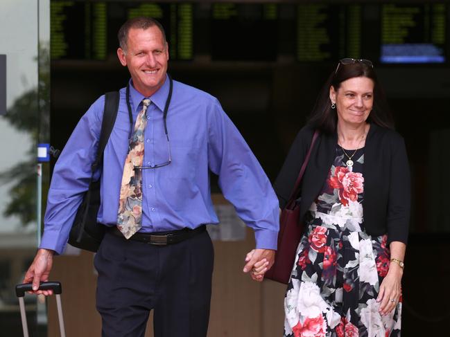 Tamborine Mountain State High Principal Tracey Brose leaves the District Court at Southport with her husband. Picture: Adam Head