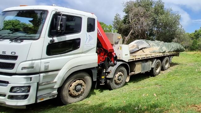 The whale carcass was transported to a different beach to be buried. Picture: Graham DPE