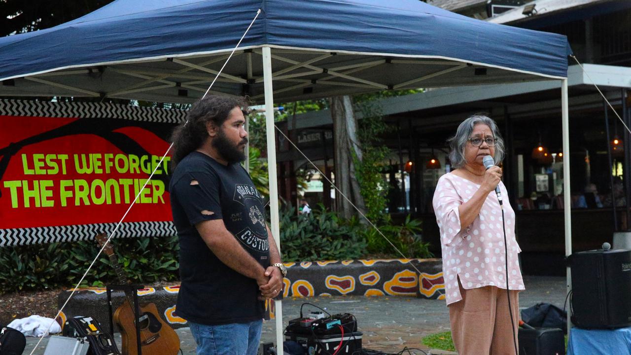 Yidindji woman Professor Henrietta Fourmile Marrie spoke at the Gimuy Frontier Wars and Truth Telling Memorial in Cairns City on Thursday with nephew Jiritju Fourmile. Picture: Elodie Jakes