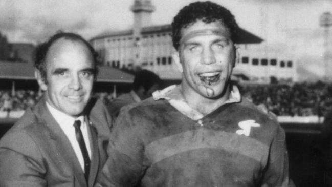 Coach Clive Churchill and captain John Sattler after Souths defeated Manly in 1970 first grade grand final at the SCG. Pic News Limited.