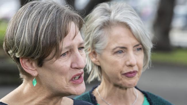 Greens Leader Cassy O'Connor MP announces her resignation with Dr Rosalie Woodruff MP at Hobart. Picture: Chris Kidd