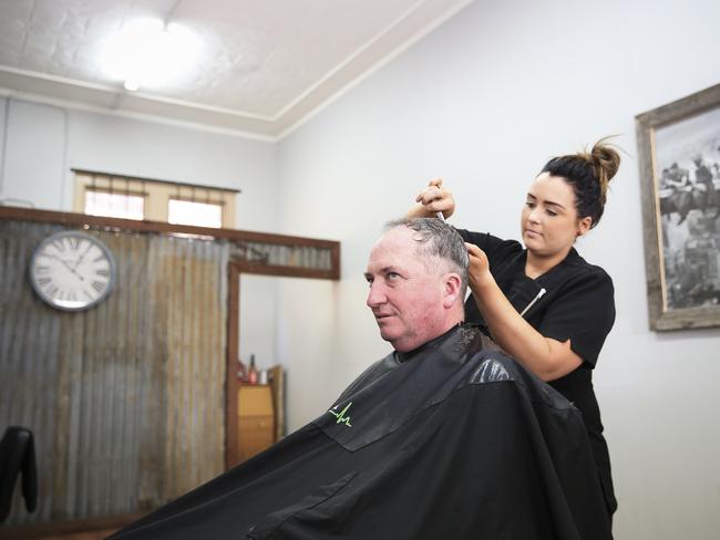 Barnaby Joyce, who visited Scone for a haircut while campaigning yesterday, said he might change his mind on an audit. Picture: Dylan Robinson