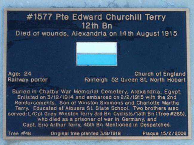 Private Edward Churchill Terry’s plaque on the Soldiers’ Memorial Avenue.