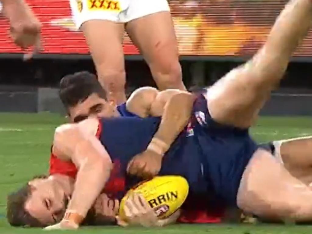 Charlie Cameron's dangerous tackle on Jake Lever.