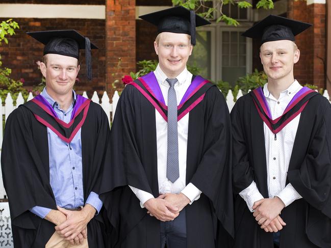 Benjamin Cant, Thomas McLean and Michael Dunn at the UTAS Graduation at Launceston. PICTURE CHRIS KIDD