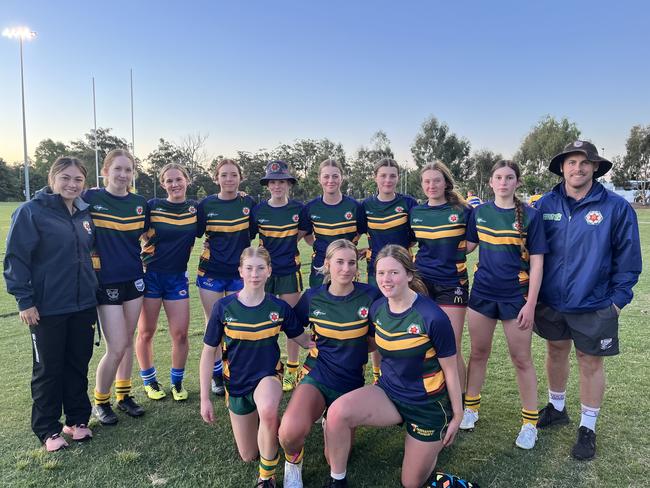 Assumption College U15s are breakout stars at the South West Sevens comp alongside coaches Natalia Webb and Tom Duggan (Photo: Tom Duggan/ Assumption College)