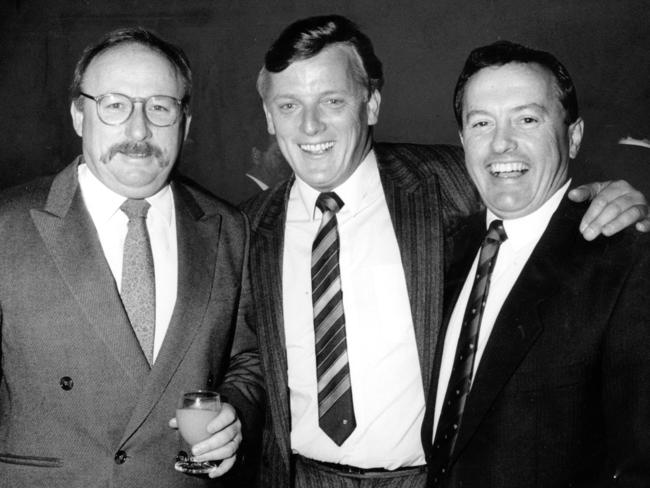 Tony Peek, Sandy Roberts and Drew Morphett at the Southern Cross Hotel celebrating Lou Richards' 50th year in football in 1991.