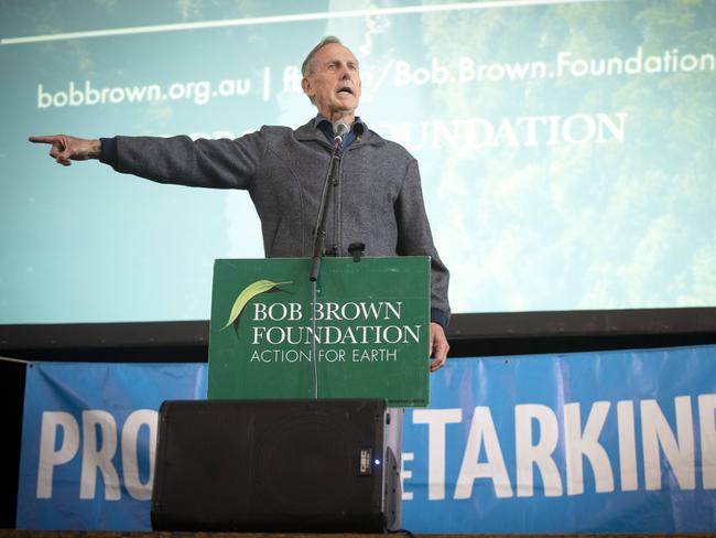 Bob Brown addresses Saturday’s rally against the proposed tailings dam. Picture: Chris Kidd