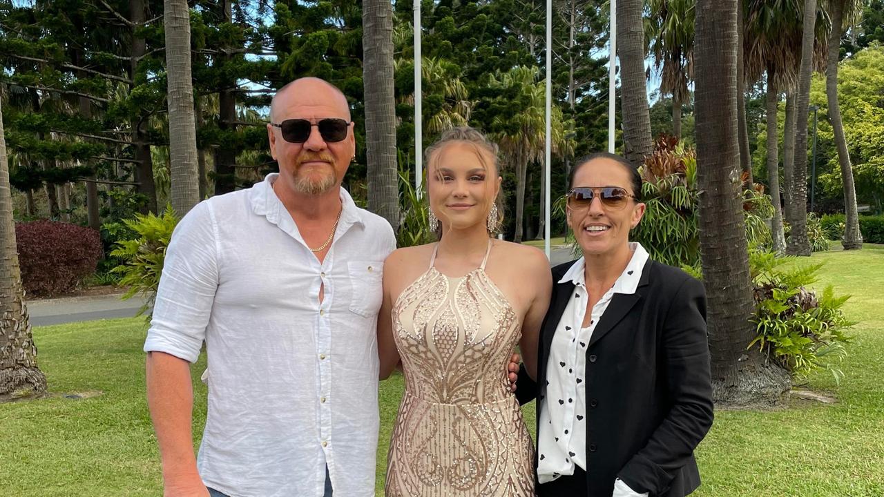 Greg Watkins, Deanna Watkins and Kate Watkins at the Orara High School Year 12 formal in 2022. Picture: Matt Gazy