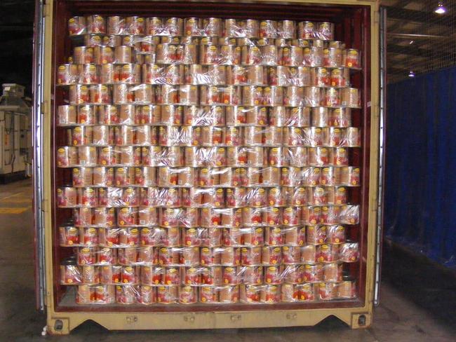 The shipping container containing more than 3000 tomato tins full of ecstasy tablets. Picture: AFP