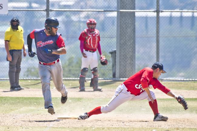 Luke Ardill, Rangers safe at first base.