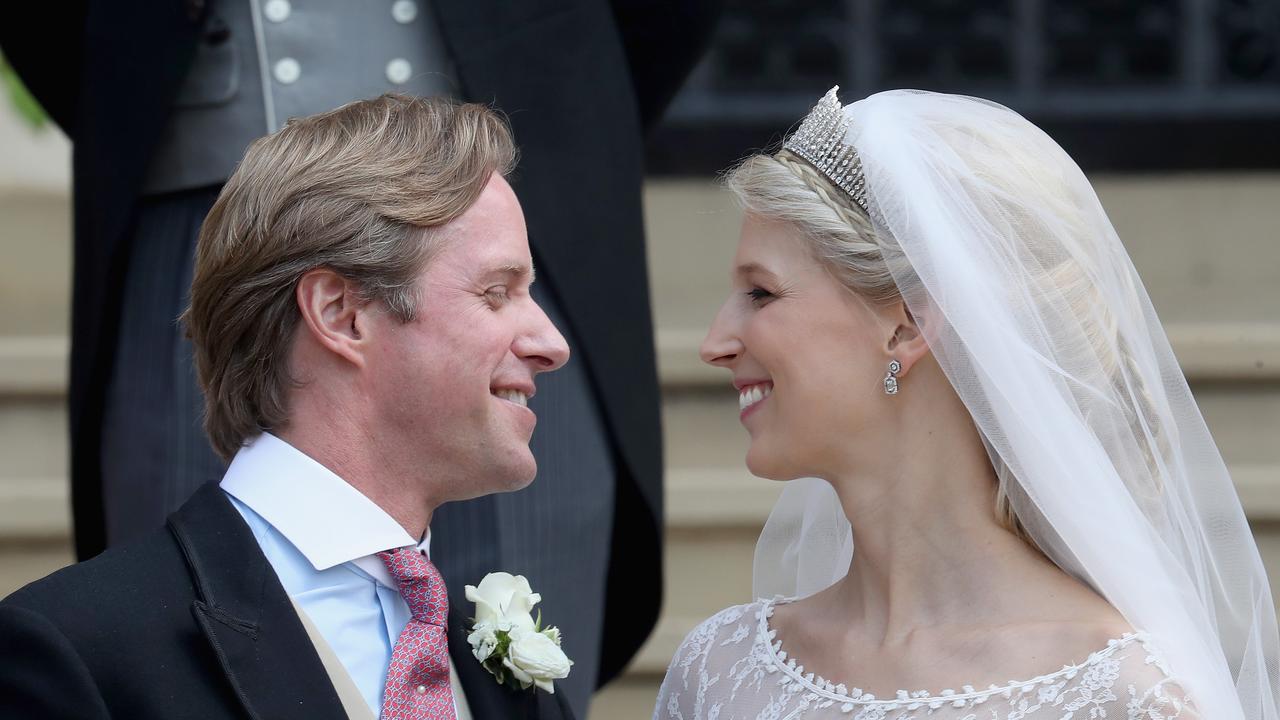 Newlyweds Mr Thomas Kingston and Lady Gabriella Windsor on the steps of the chapel after their wedding at St George's Chapel (Photo by Chris Jackson/Getty Images)