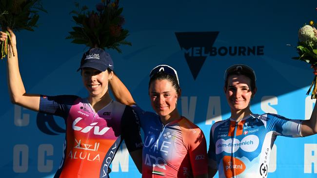 Georgia Baker, Sofia Bertizzolo and Francesca Barale after the women's criterium on Wednesday evening. Picture: Tim de Waele.