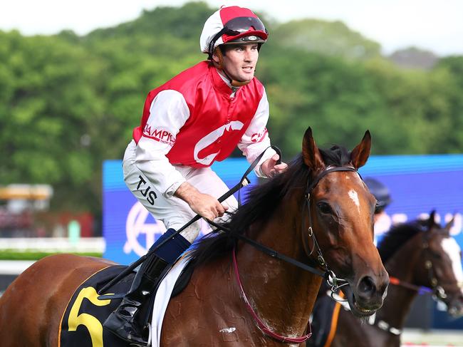 SYDNEY, AUSTRALIA - DECEMBER 26: Tyler Schiller riding Lion's Roar wins Race 7 Schweppes Summer Cup during Sydney Racing at Royal Randwick Racecourse on December 26, 2023 in Sydney, Australia. (Photo by Jeremy Ng/Getty Images)