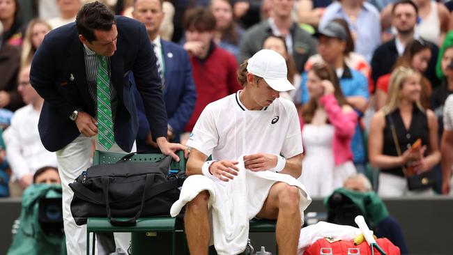 Alex de Minaur has forfeited his Wimbledon quarter-final showdown with Novak Djokovic after a hip injury ruled him out. Picture: Getty Images