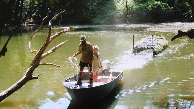 Bob and Steve with a floating trap in Cape York. This is Bob's favourite photograph. Picture: supplied