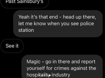 The pop-up restaurant played along, giving the influencer directions to the police station and telling him to ‘report yourself for crimes against the hospitality industry’. Picture: Instagram/@fourlegs_ldn.