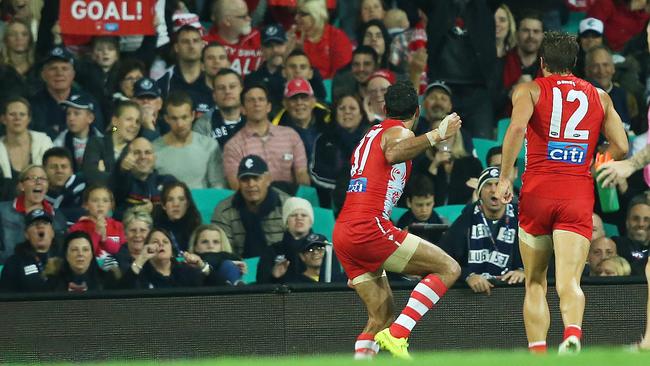 Adam Goodes celebrates a goal with an indigenous dance. Picture: Phil Hillyard