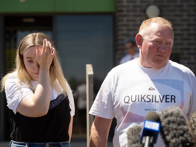 Samantha’s husband Mick Murphy and daughter Jess Murphy speaking to media outside Ballarat West Police Station in the days after she vanished. Picture: Nicki Connolly