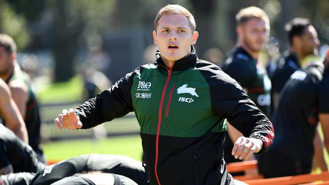 George Burgess of the Rabbitohs during a training session at Redfern Oval in Sydney, Tuesday, September 24, 2019. The Rabbitohs are set to play the Canberra Raiders in an NRL Finals match at GIO Stadium on Friday. (AAP Image/Joel Carrett) NO ARCHIVING