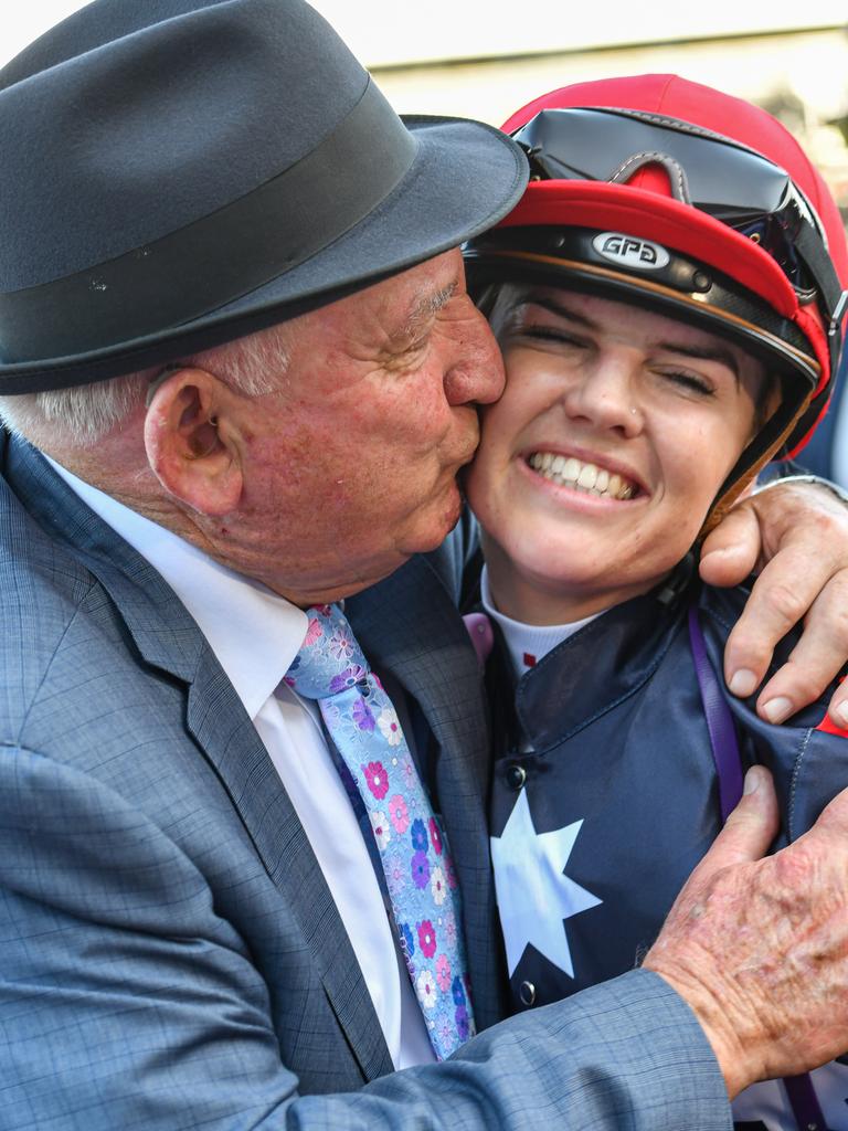 Leon Macdonald kisses Raquel Clark after her winning ride.